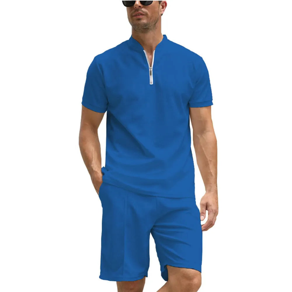 Men's solid colour polo shirt and trouser two-piece set in textured beaded bird's eye fabric