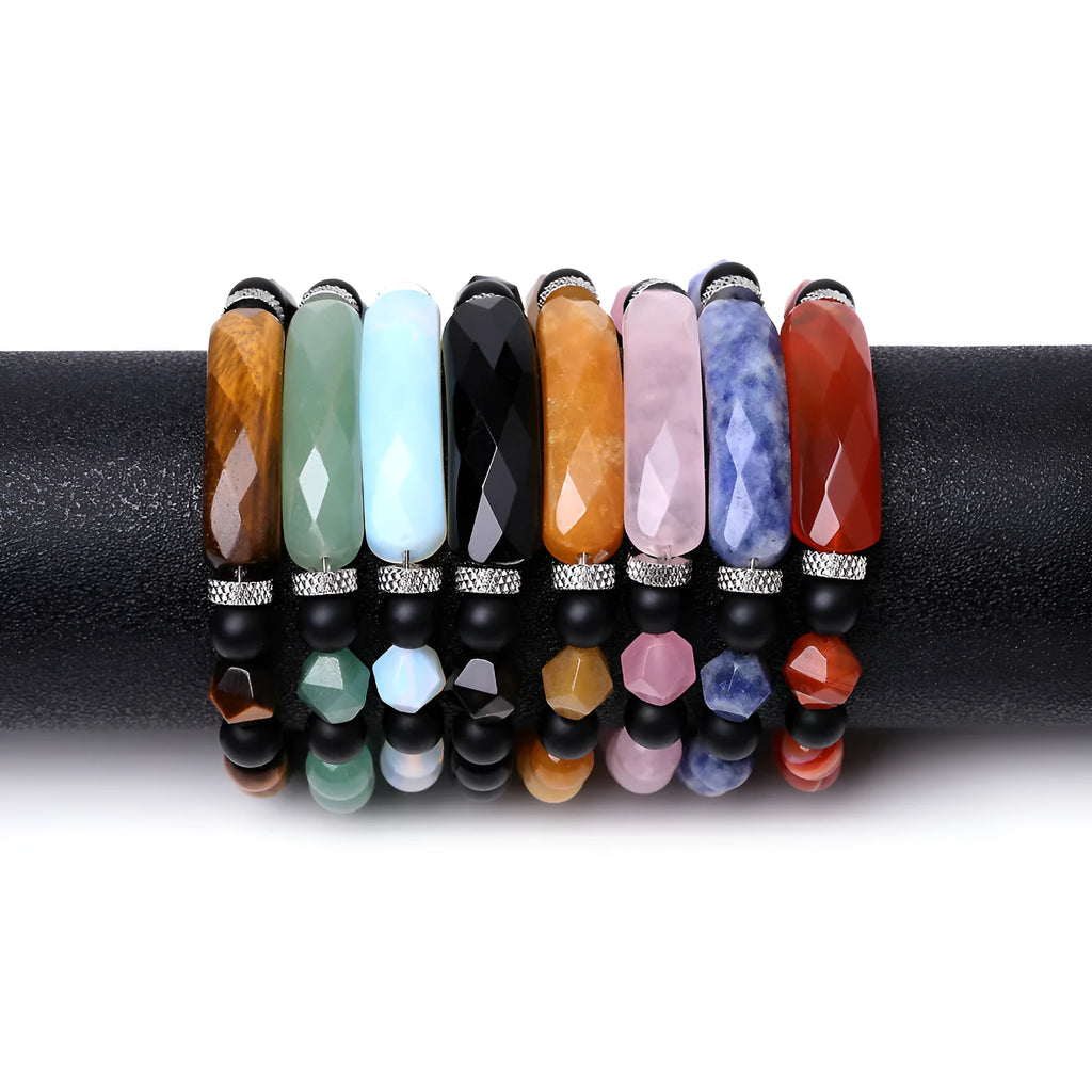 Diamond-shaped cut black agate bracelet showing geometric fan design and handmade craftsmanship