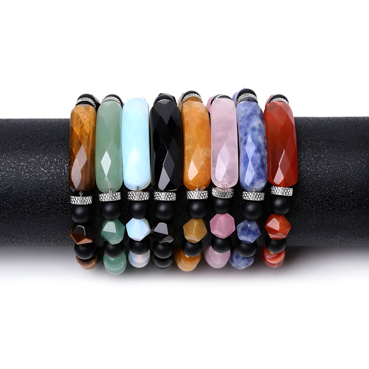 Diamond-shaped cut black agate bracelet showing geometric fan design and handmade craftsmanship