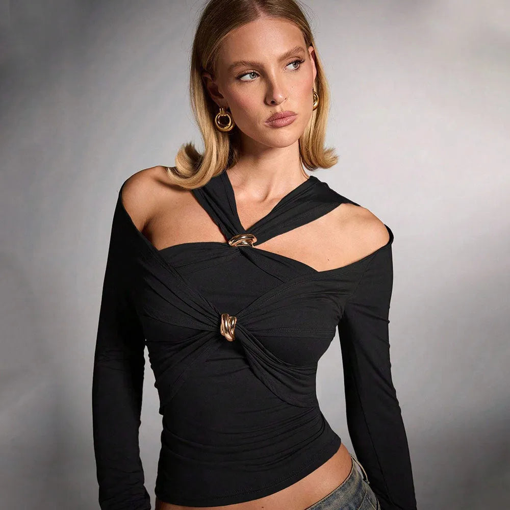 Black women's halter neck top with long sleeves and slim fit