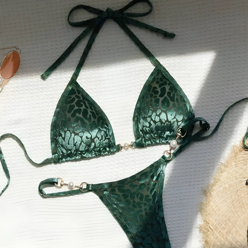 Women's leopard print bikini set in blue, green, and multicolour patterns with T-shaped design