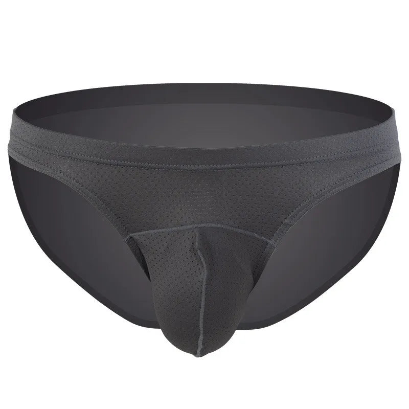 Men's transparent loose breathable nylon underwear shown in available colours.