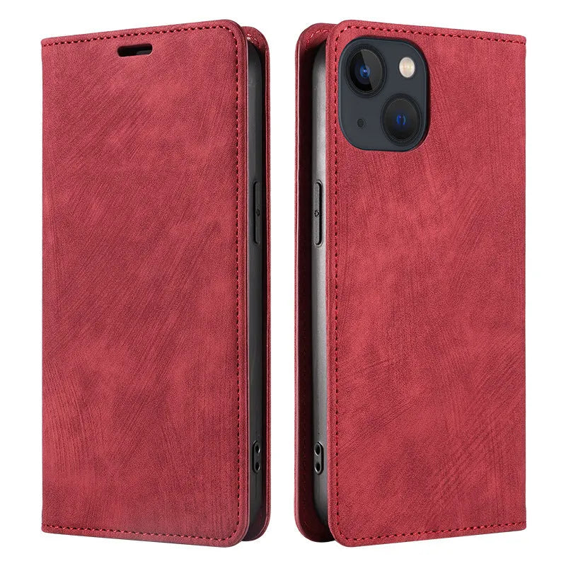 Magnetic flip phone case for iPhone in a choice of colours showing leather cover and TPU body.