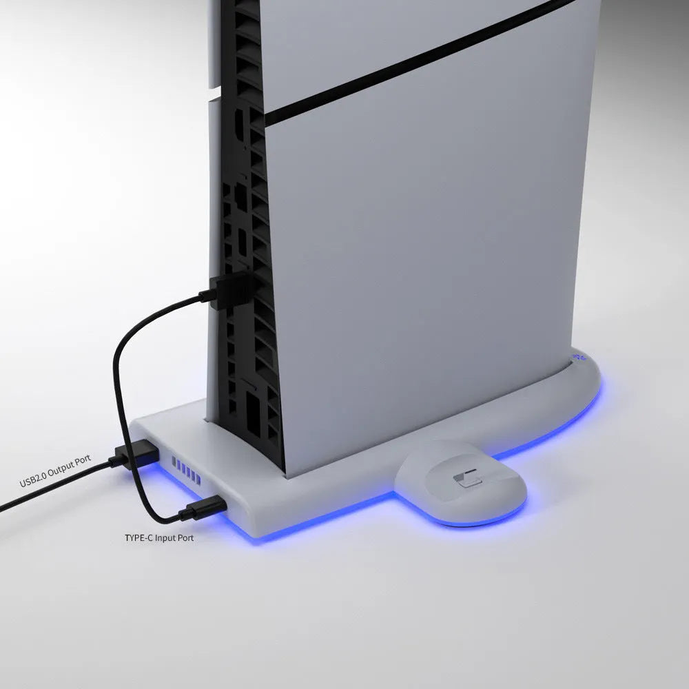 White PS5 charging base with RGB lights, cooling fan and fixed controller charging belt