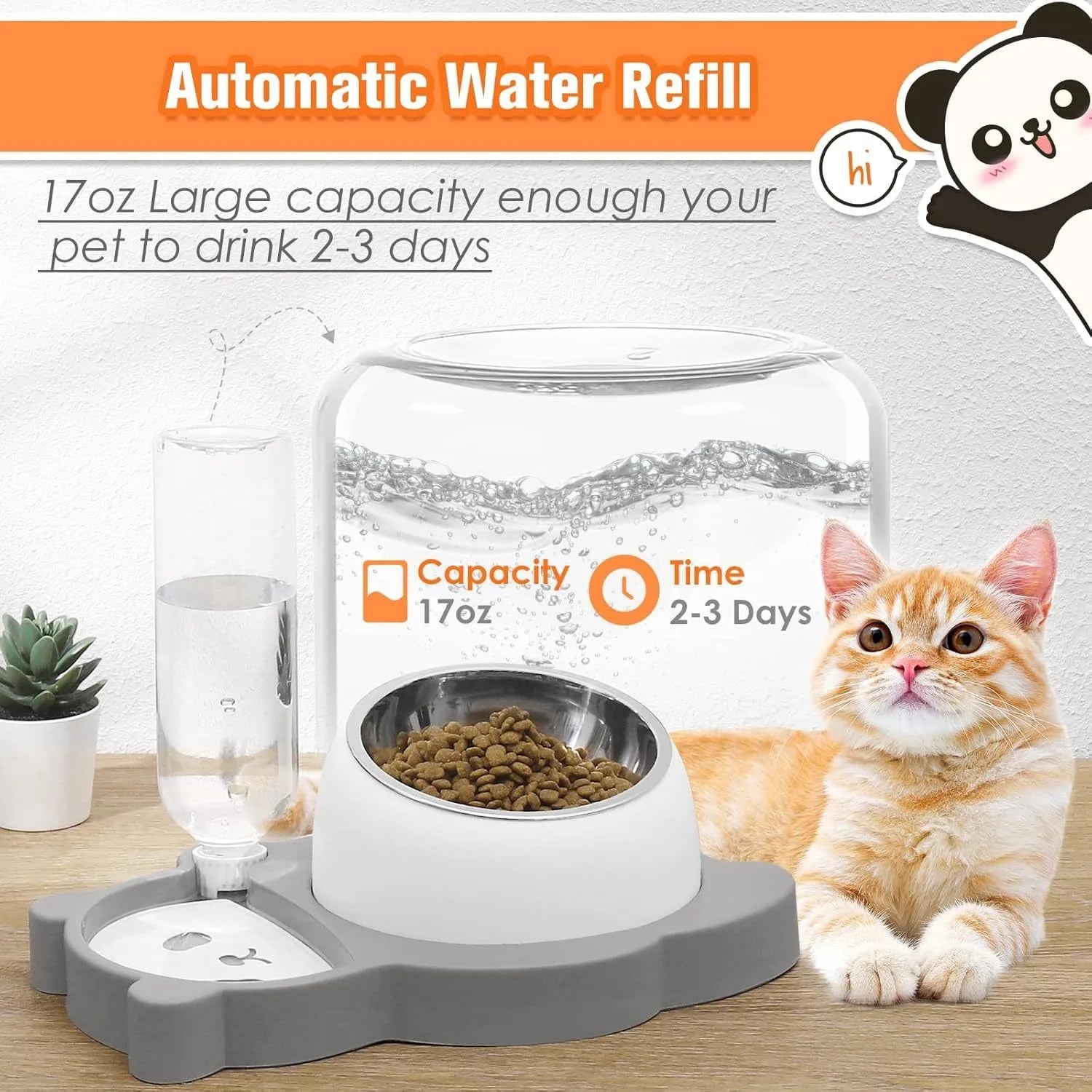 Grey and green panda-shaped automatic water dispenser and tilted pet food bowl set for cats and small dogs