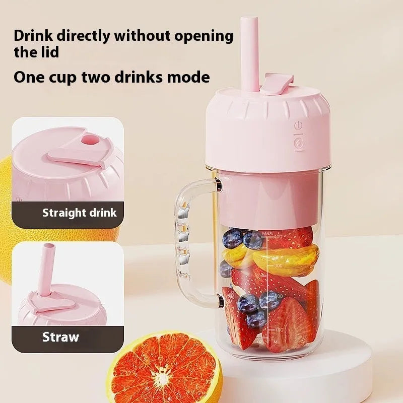 Portable USB juicer in cherry blossom pink or avocado green with plastic housing