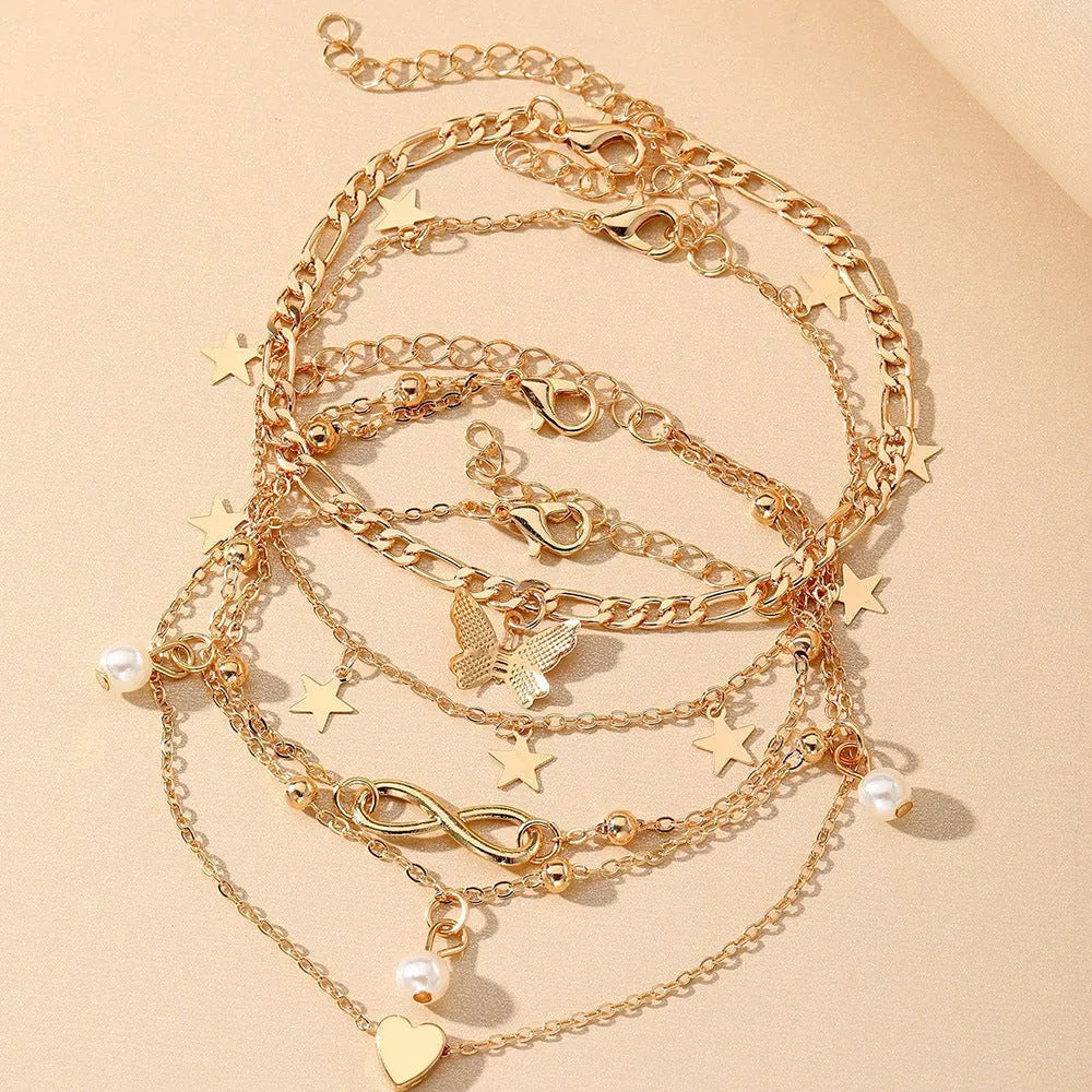 Four-piece butterfly pearl heart anklet set with alloy multi-layered foot chain jewellery