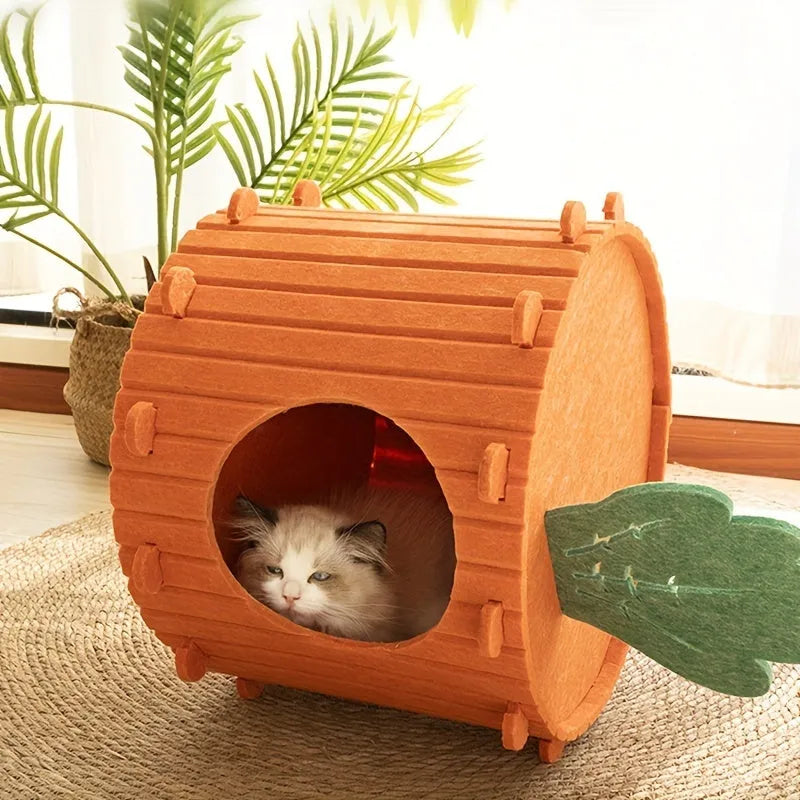 Grey wool felt cat tunnel with semi-enclosed roof and round drilled holes