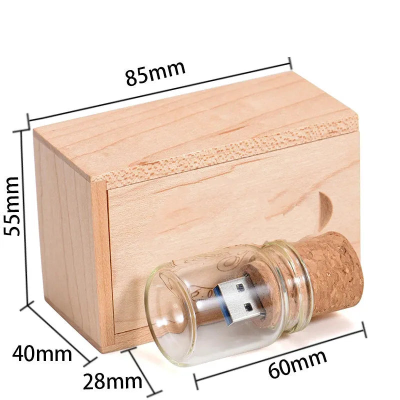 Personalised wooden USB flash drive with custom driftwood bottle storage disk design in chocolate brown