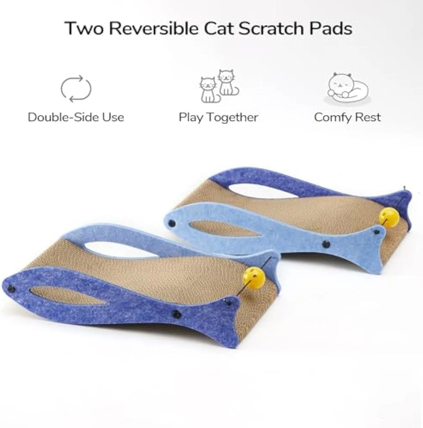 Blue fish-shaped cat scratcher lounge made of corrugated cardboard with attached ball toy