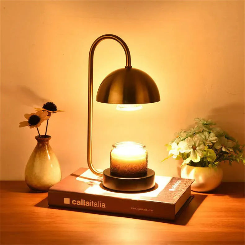 Solid wood aromatherapy wax melting lamp with dimmable LED light on bedside table