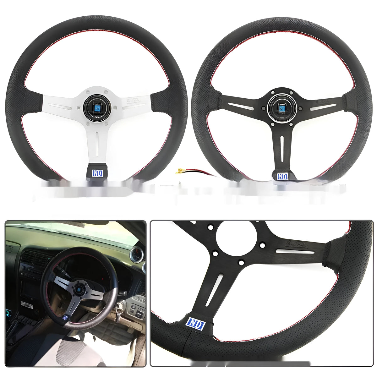 14-inch leather steering wheel with concave middle section and silver-black colour scheme