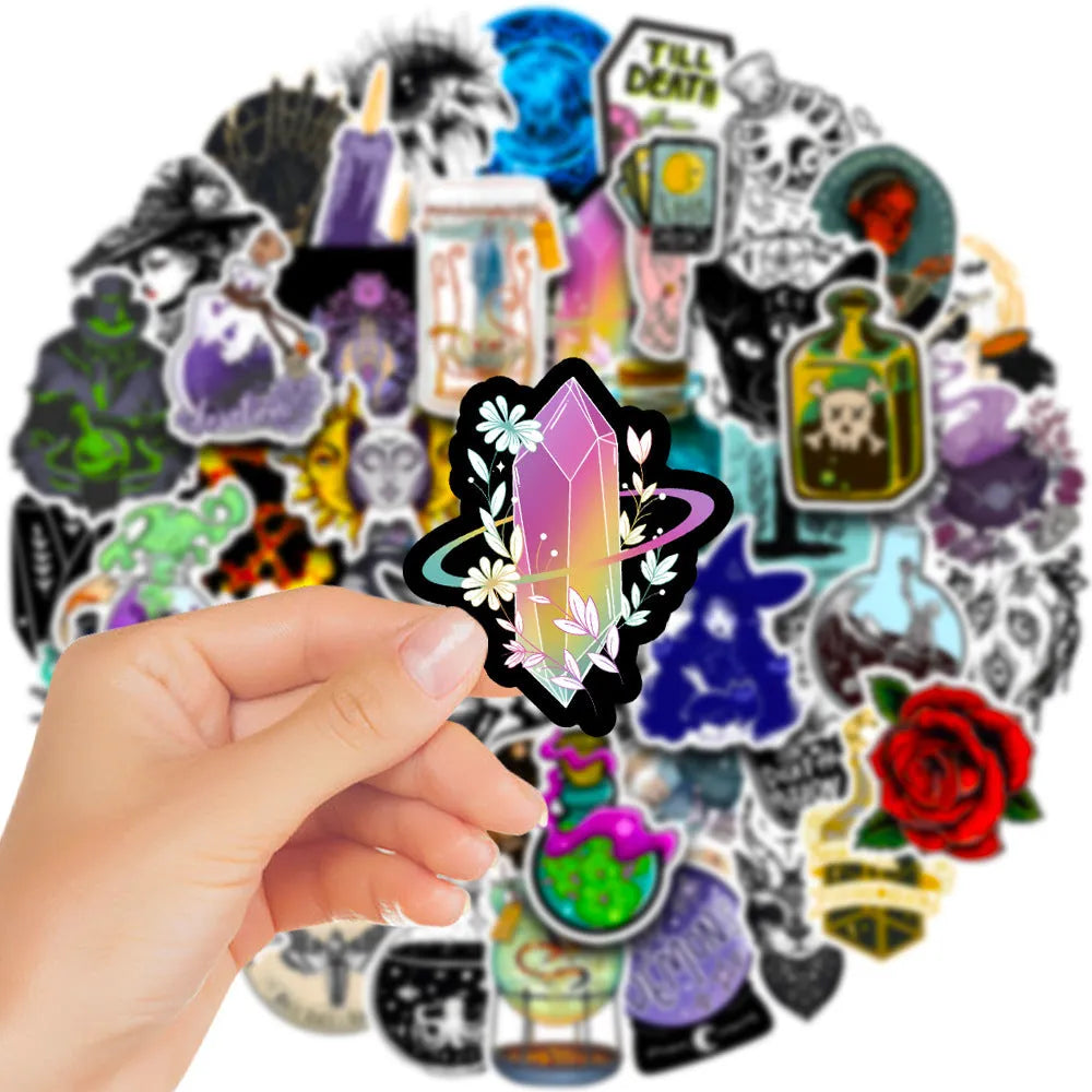 Pack of 50 colourful waterproof PVC stickers in various sizes from 3cm to 8cm on a white background.