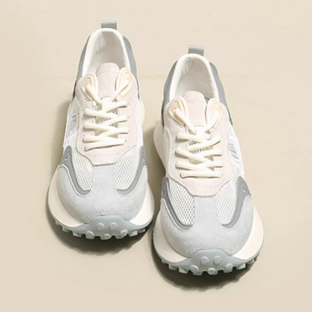 Women's grey and pink retro sneakers with mesh lining and rubber soles in low-top flat heel design