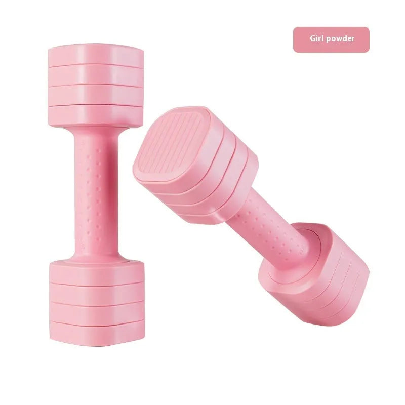 Pink and blue detachable dumbbell set for women's fitness on a plain background.