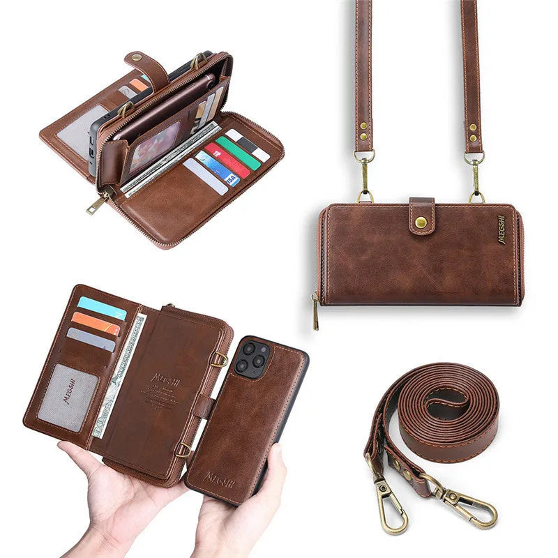 Black leather flip wallet phone case with detachable backpack strap showing magnetic closure