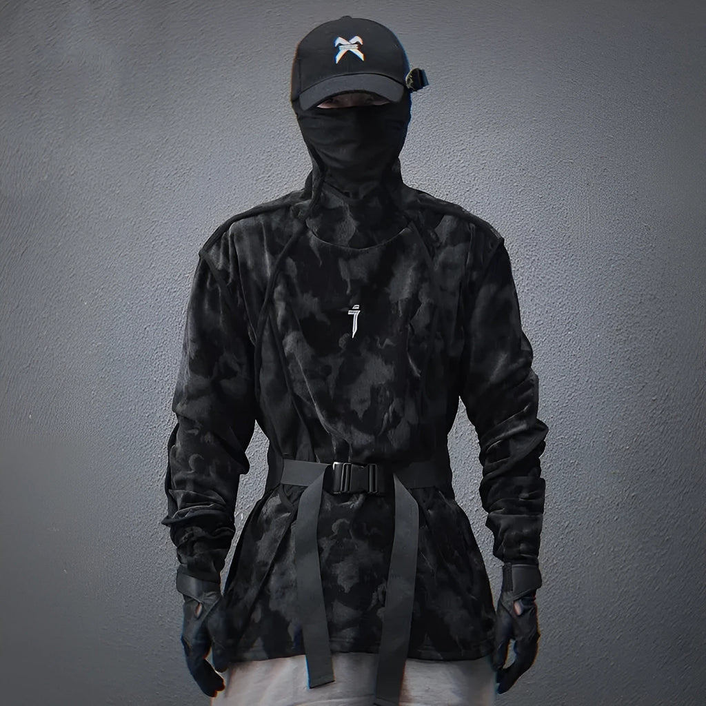 Men's black and gray tie dye full printed turtleneck sweater with loose drop-shoulder long sleeves