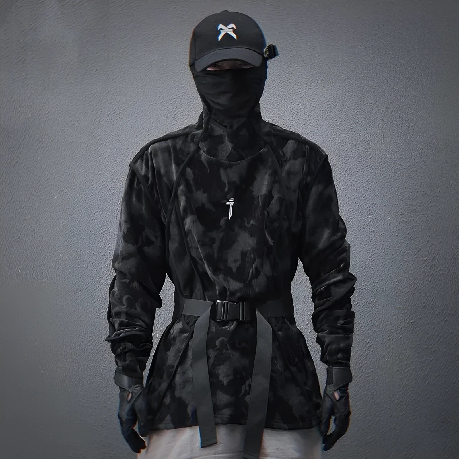 Men's black and gray tie dye full printed turtleneck sweater with loose drop-shoulder long sleeves
