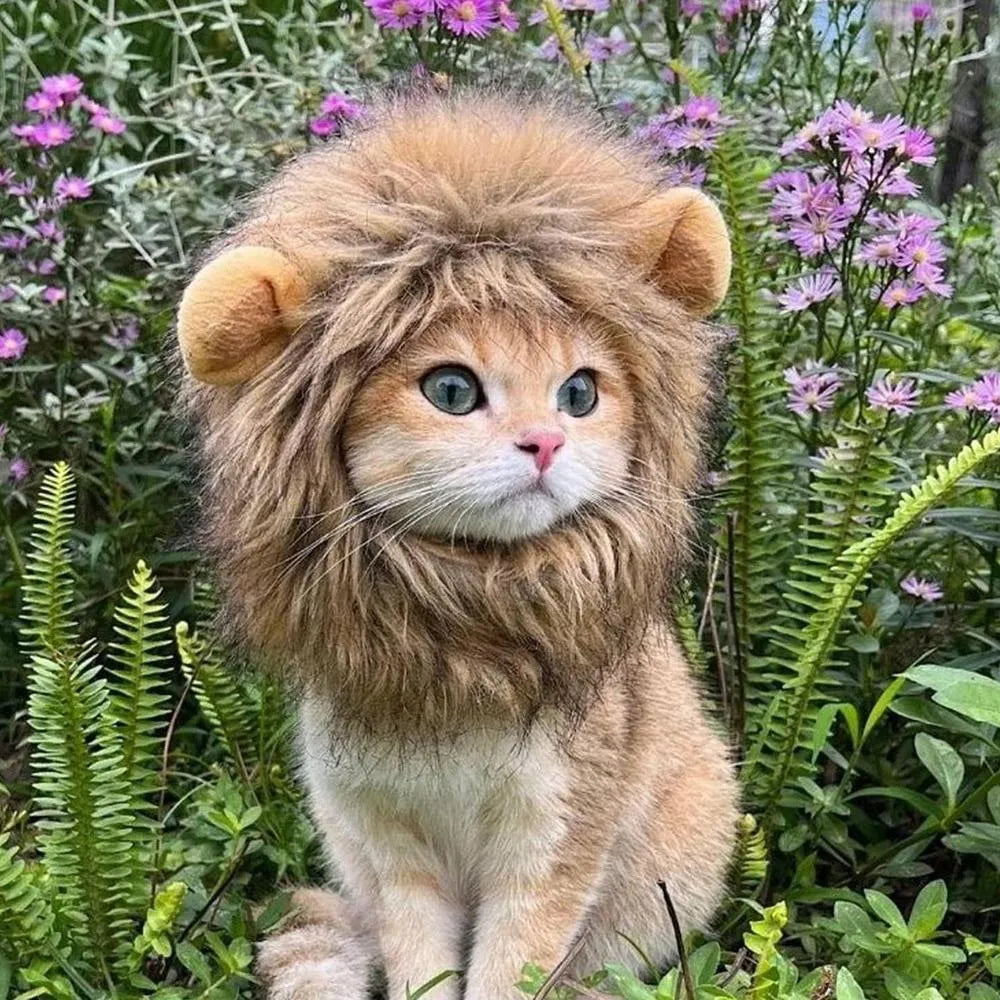 Lion mane wig accessory for cats and small dogs with plush ears and adjustable elastic band