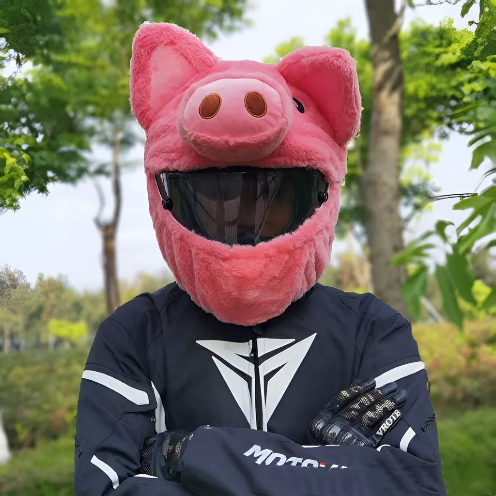 Pink pig cartoon plush hood cover for a motorcycle helmet made from pv velvet cloth.