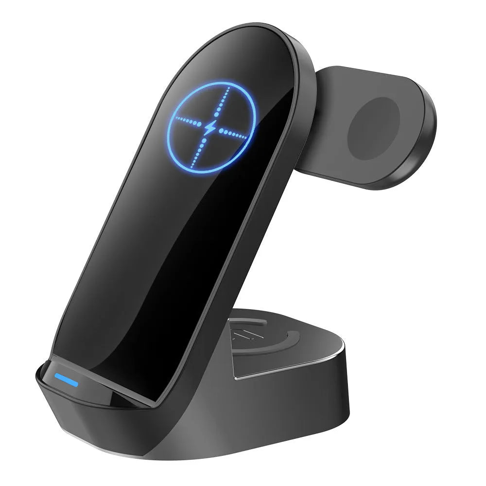 Black-grey foldable 3-in-1 wireless charging vertical stand for phones, watches and headphones