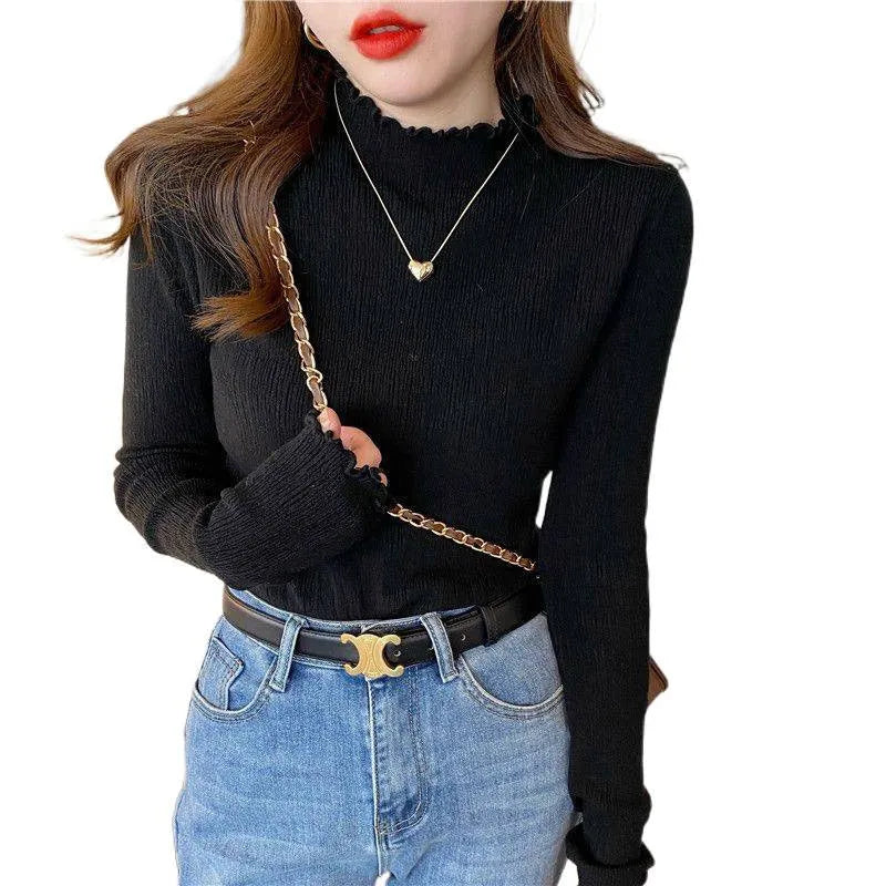 Women's half turtleneck bottoming shirt with princess sleeves, 100% polyester, in apricot, black, blue, brown, pink, sunset yellow, or white.