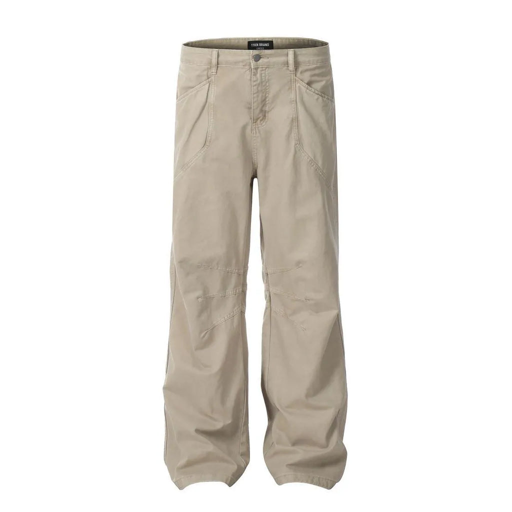 Men's loose straight-leg cotton jeans in brown with high-waist design and zipper fly closure
