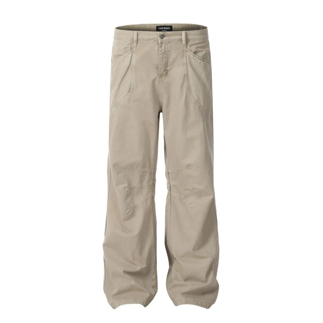 Men's loose straight-leg cotton jeans in brown with high-waist design and zipper fly closure