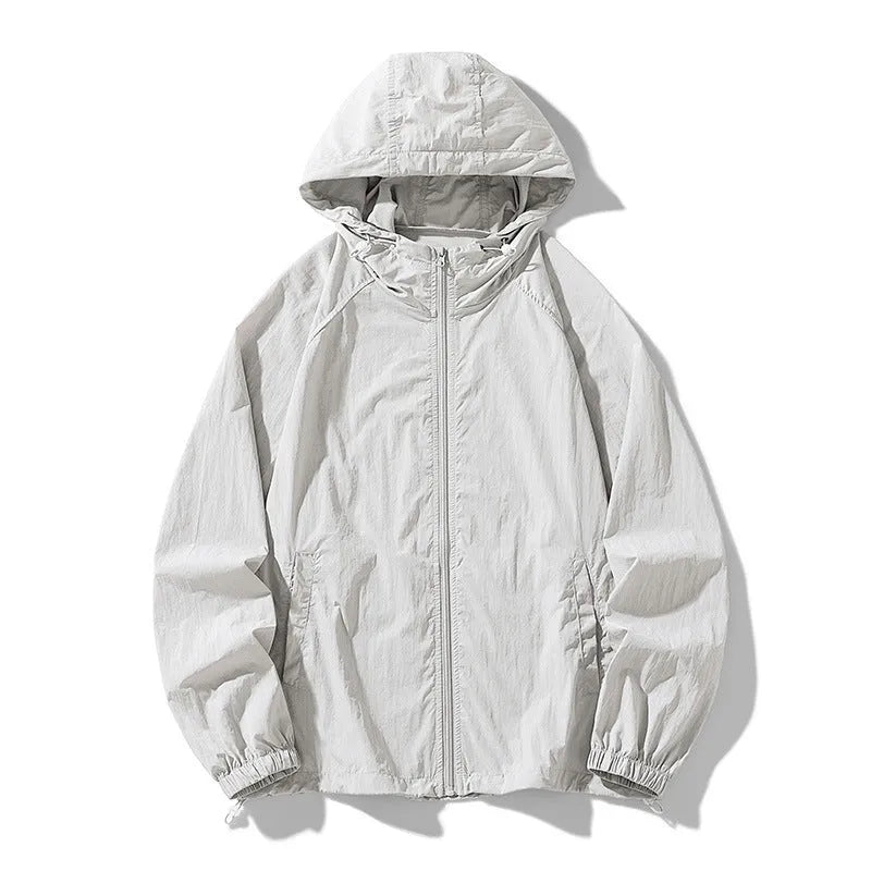 Thin loose fit outdoor sports jacket in various colours on a hanger, showing front and back detail.