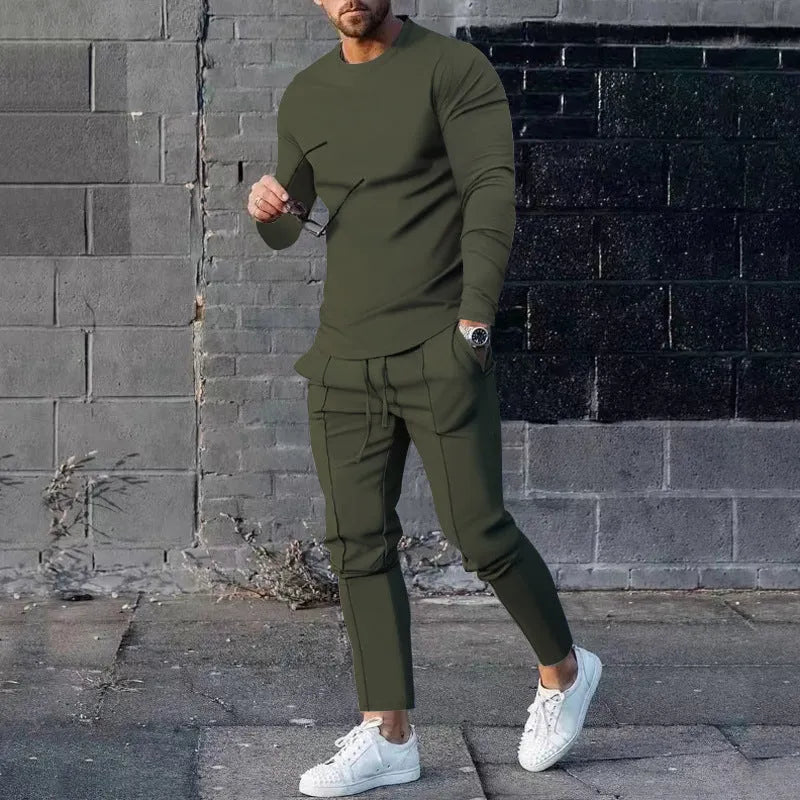 Men's light grey two-piece casual suit with round neck long sleeve T-shirt and trousers