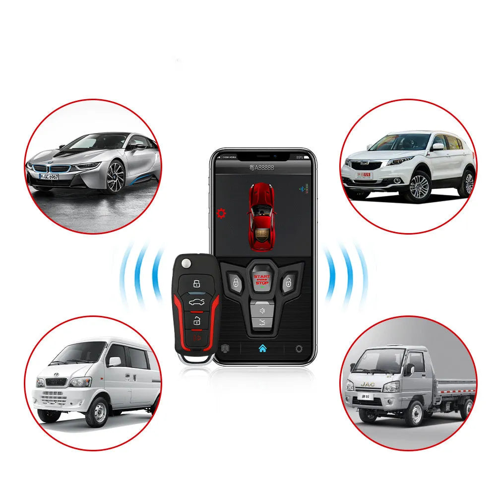 Red and black one-way remote control car alarm system with two remotes displayed.