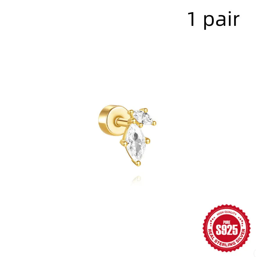 S925 sterling silver flat column geometric ear bone stud with threaded post in a gold colour finish.