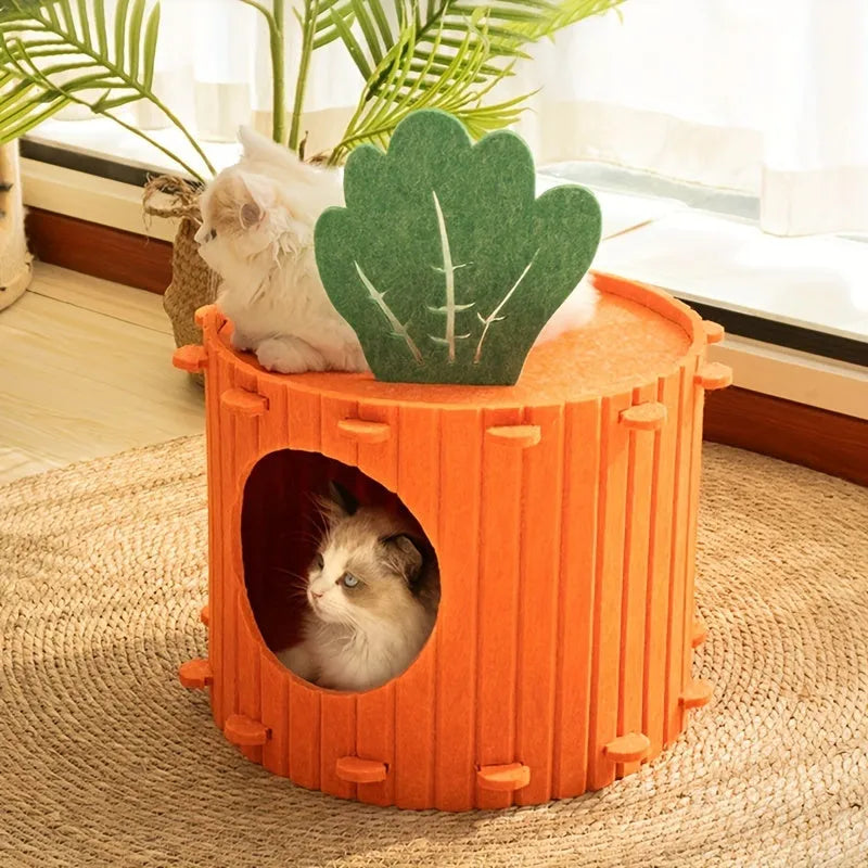 Grey wool felt cat tunnel with semi-enclosed roof and round drilled holes