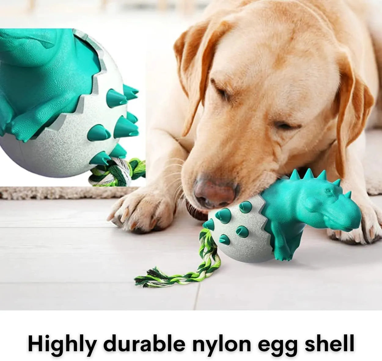 Blue dinosaur-shaped dog chew toy made of nylon and rubber with a rope tail.