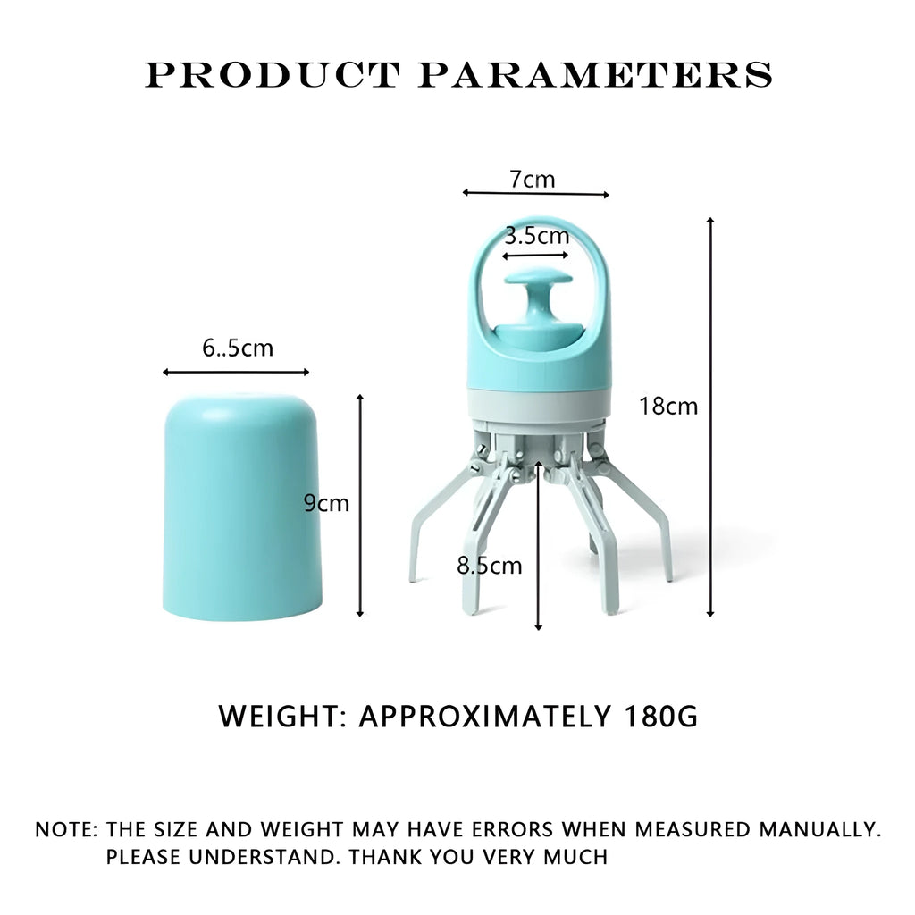 Blue and orange portable pet pooper scooper claw tools with built-in waste bag dispensers.