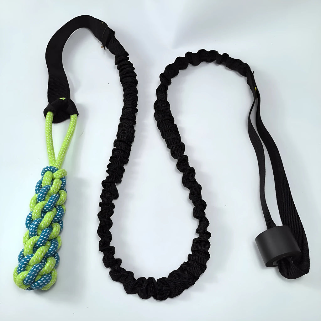 Green cotton thread dog tug rope toy with corncob and teether ball attachments for interactive play