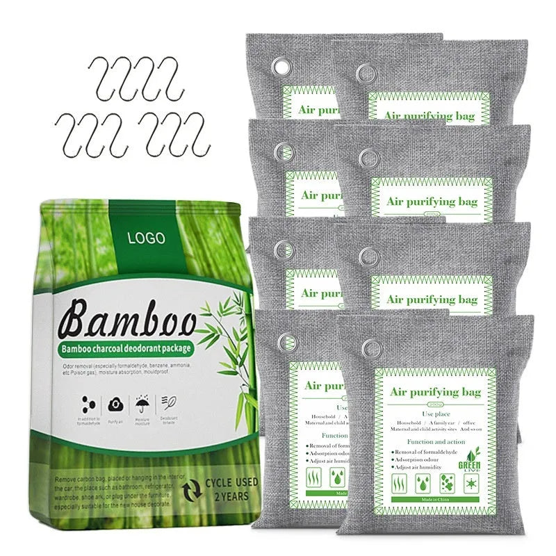 Sewn fabric bags filled with bamboo charcoal for air purification