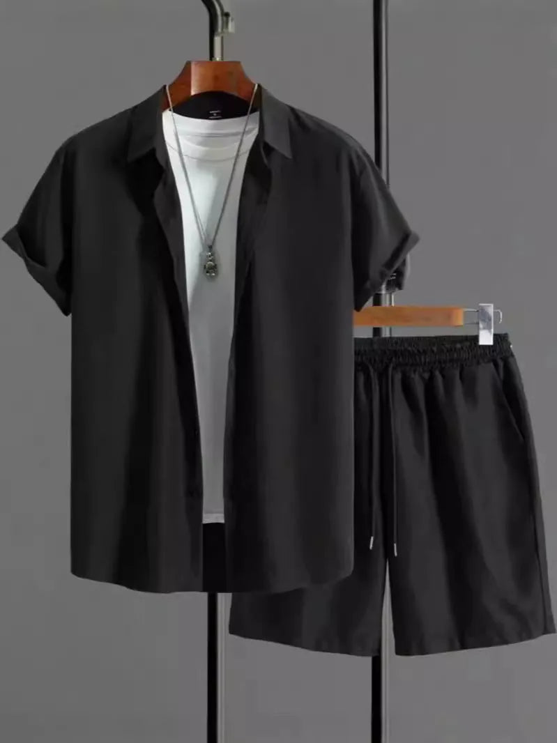 Men's jacquard short sleeve suit set in black with matching shorts