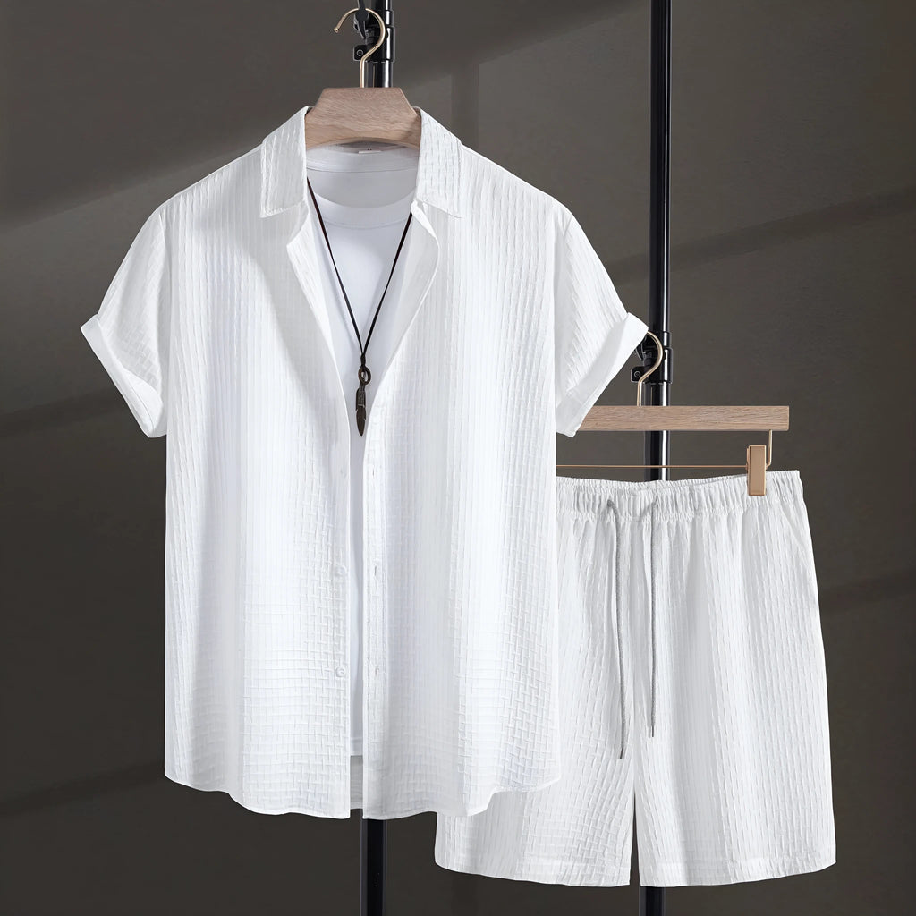 Men's white cotton blend short sleeve shirt and matching shorts beach suit casual summer outfit