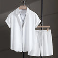 Men's white cotton blend short sleeve shirt and matching shorts beach suit casual summer outfit