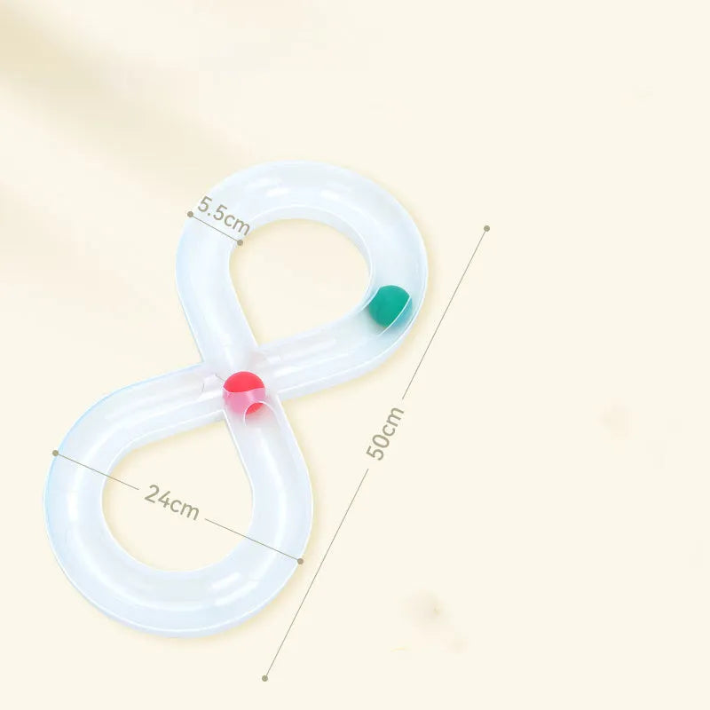 Blue and white plastic cat toy set with turntable track, tease sticks, and balls on a 50cm base