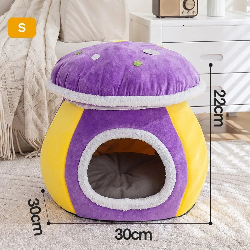 Mushroom-shaped cat bed with rabbit plush cover in grey pink purple colours