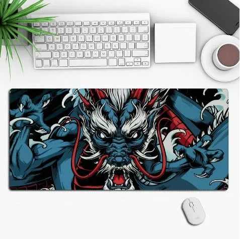 Anime pattern gaming desk mat with rubber cloth construction and non-slip base in multiple size options