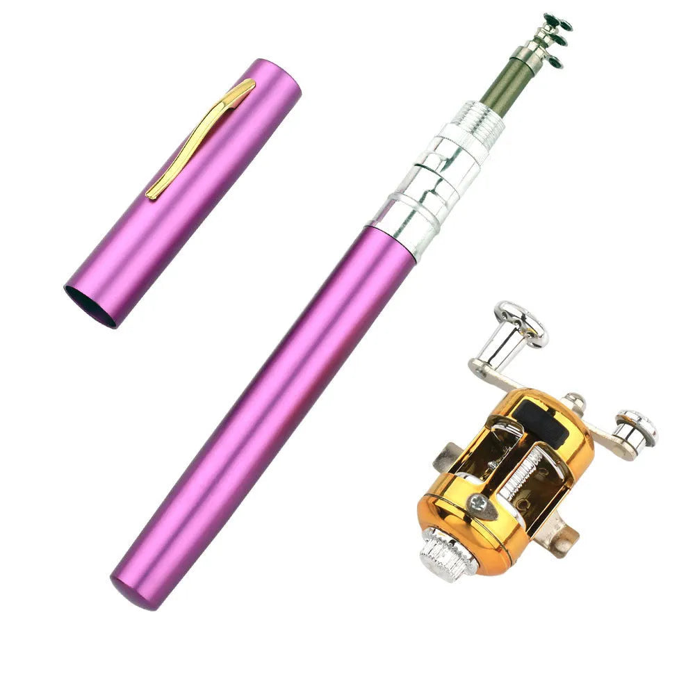 Portable telescopic fishing rod kit with reel in aluminium pen case, shown collapsed and extended.