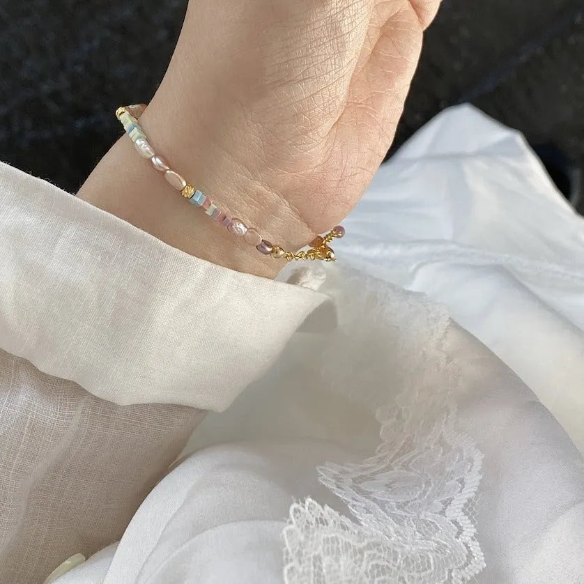 Women's natural pearl bracelet and necklace set with gold gilded purple silver finish and irregular pearl shapes