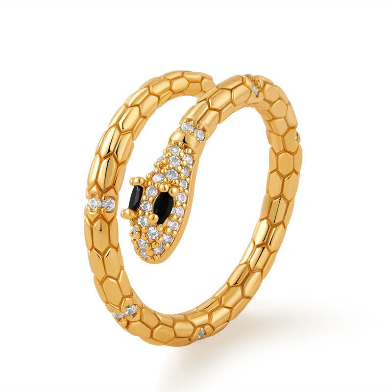 Adjustable snake index finger ring with gold plating and open mouth design