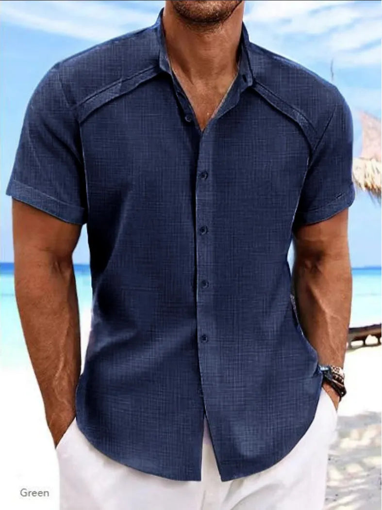Men's solid colour short sleeve casual shirt in polyester-cotton fabric for summer