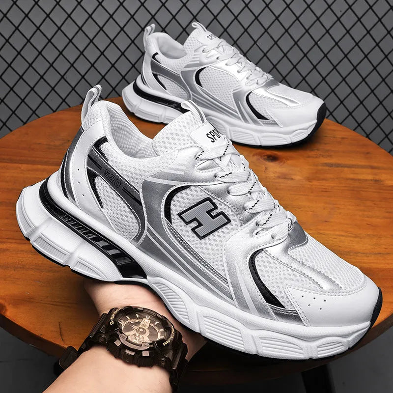 Men's mesh running shoes in three colour options showing round toe design and injection-moulded soles