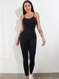 Women's black sleeveless jumpsuit romper with spaghetti straps and a backless design
