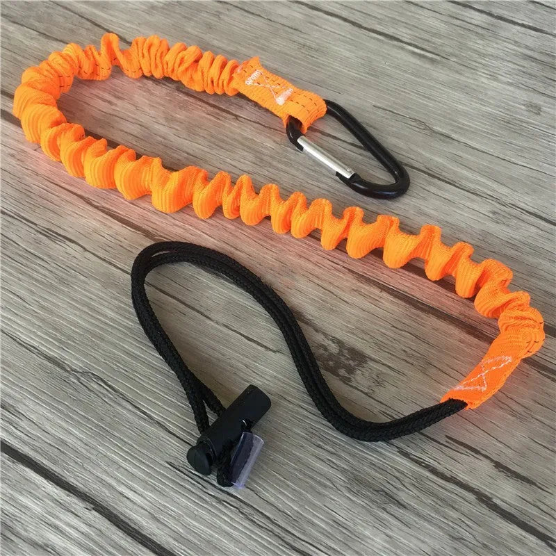 Orange fishing rod safety rope showing 90cm length and connection clips